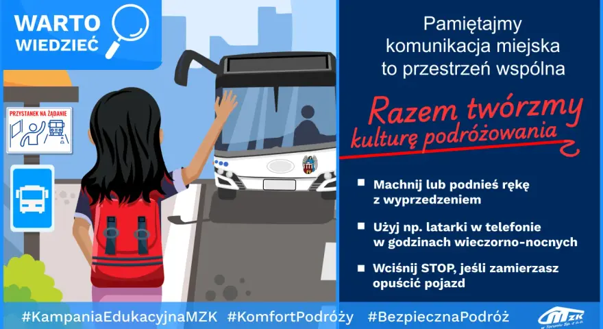 Dziewczyna z plecakiem czeka na autobus na przystanku na żądanie. Pamiętajmy o kulturze podróżowania komunikacją miejską.