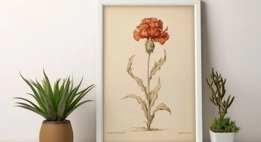 Ilustración botánica de una flor de sagitario, un clavel anaranjado, enmarcada.