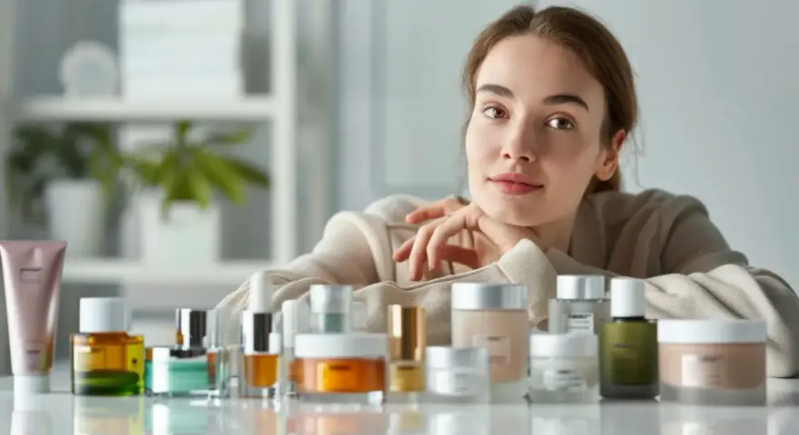Kobieta z uśmiechem opiera się o stół z kosmetykami. Wśród nich kremy i serum, które dzięki zawartości ceramidów dbają o zdrową skórę.