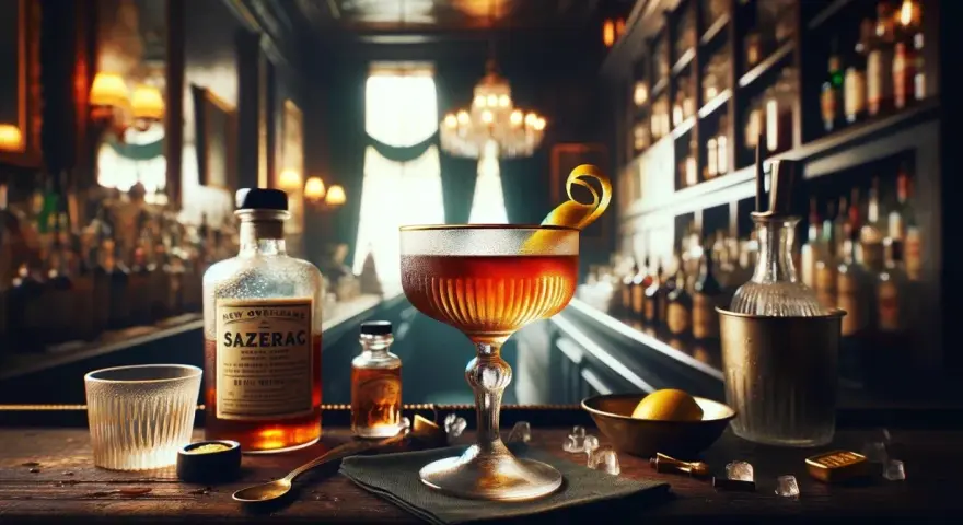 Klasyczny Sazerac w eleganckim kieliszku, obok butelka z etykietą Sazerac, lód i cytryna.