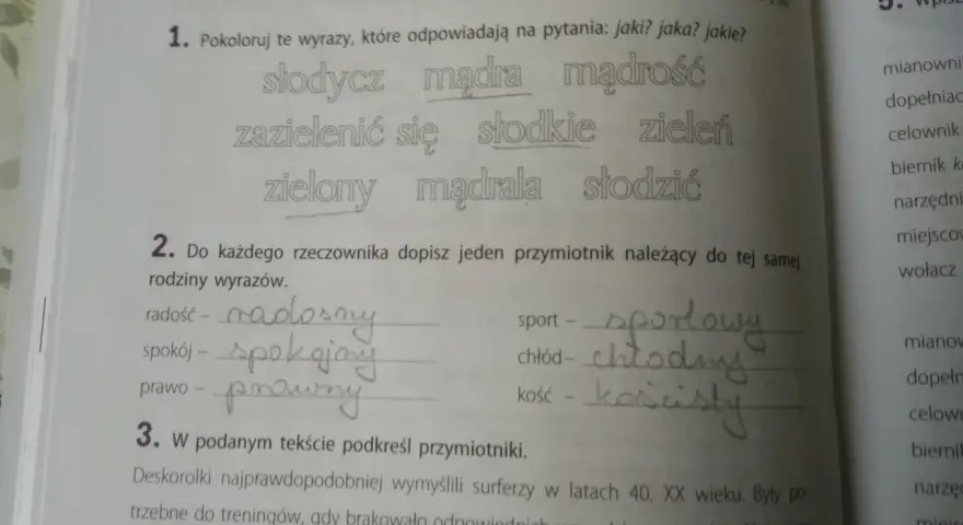 Przykłady przymiotników: mądra, słodkie, zielony. Ćwiczenia pomagają zrozumieć ich zastosowanie.