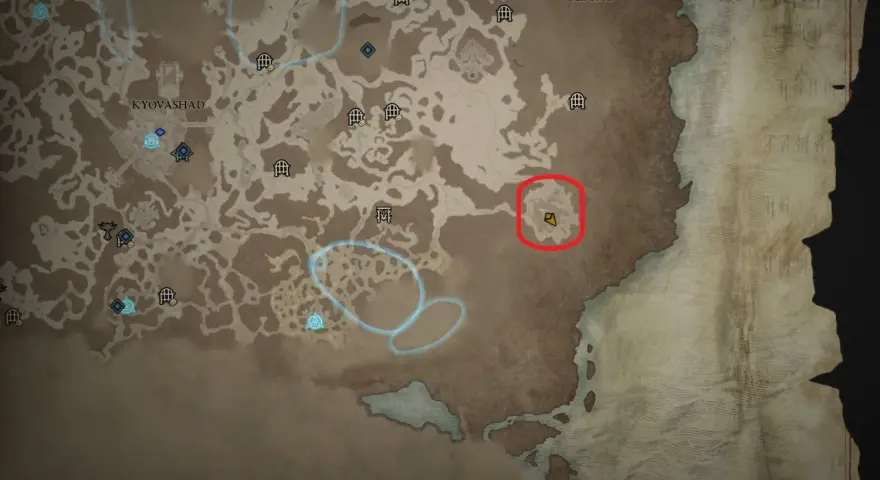 Mapa Sanktuarium z zaznaczonym obszarem, gdzie znajduje się diablo 4 boss świata.