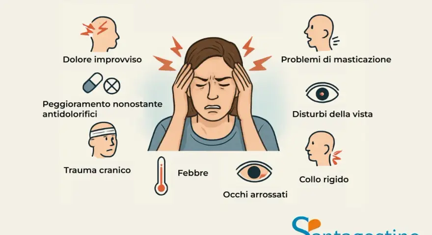 Illustrazione di sintomi associati a mal di testa e occhi: dolore improvviso, peggioramento con antidolorifici, problemi di masticazione, disturbi della vista, trauma cranico, febbre, collo rigido, occhi arrossati.