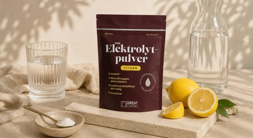 En påse elektrolytpulver med citronsmak, bredvid färska citroner, ett glas vatten och en skål med pulver. Selen finns i för att återställa vätskebalansen.
