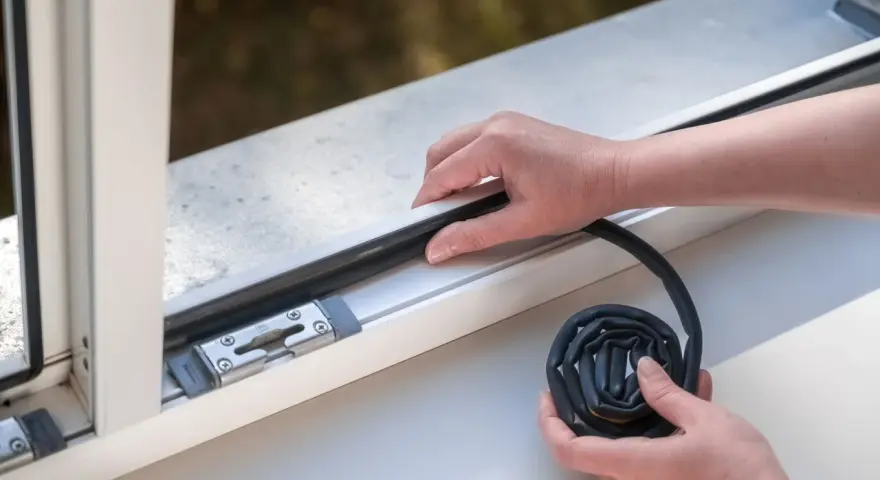 Hände legen eine neue Fensterdichtung an, um Zugluft zu vermeiden.