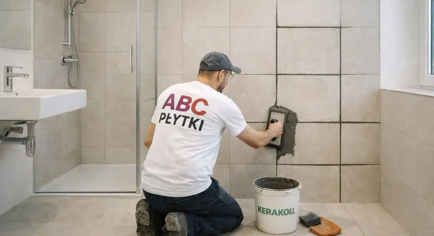Mężczyzna w koszulce "ABC PŁYTKI" klęczy i fuguje ściany w łazience. Obok wiadro z zaprawą i gąbka.