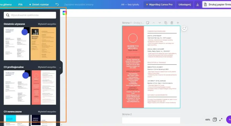 Szablony CV w programie Canva pomogą Ci stworzyć profesjonalny dokument.