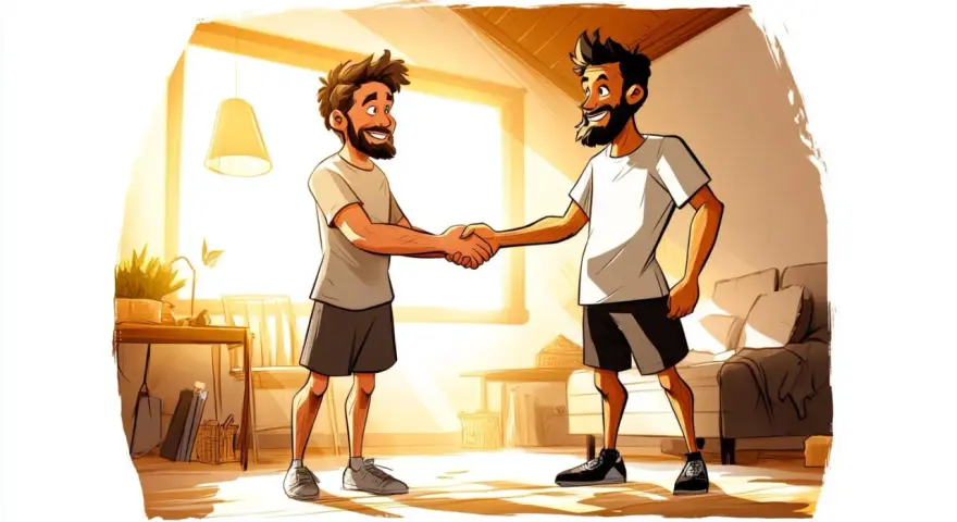 Zwei Männer mit Bärten schütteln sich die Hände. Ein Mann trägt ein hellgraues T-Shirt und dunkle Shorts, der andere ein weißes T-Shirt und dunkle Shorts. Sie stehen in einem hellen Raum mit einem Fenster und einem Sofa. Phlm 1:3.