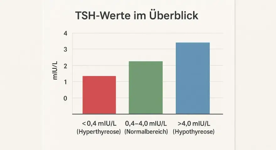 Wykres TSH w ciąży: niski poziom (<0,4 mIU/L) to nadczynność, średni (0,4-4,0 mIU/L) to norma, wysoki (>4,0 mIU/L) to niedoczynność.