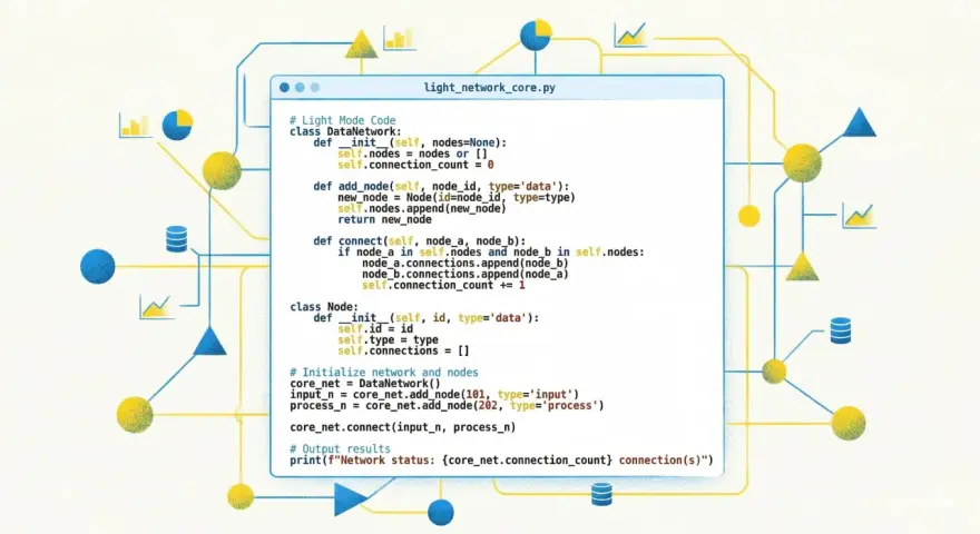 Ein Softwareentwickler schreibt Python-Code für ein Netzwerk. Diagramme und Datenknoten sind um den Code herum angeordnet.