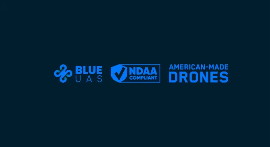 Blue UAS logo with NDAA compliant badge and "American-Made Drones" text.