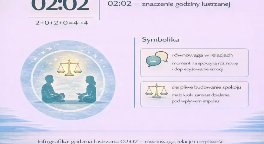 Godzina lustrzana 02:02 symbolizuje równowagę w relacjach i cierpliwe budowanie spokoju.