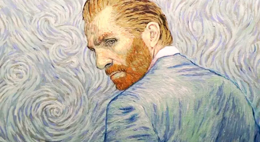 Porträtt av en man med rött skägg, målad i vincent van gogh stil med virvlande penseldrag i bakgrunden.