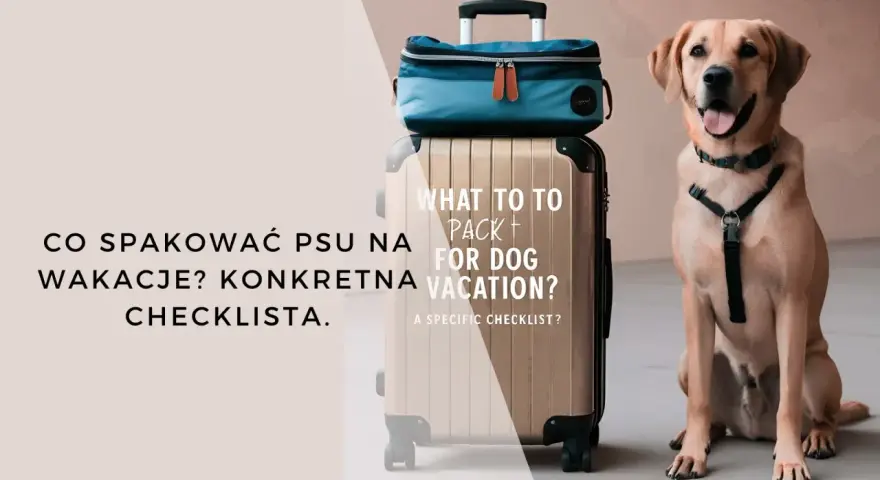 Uśmiechnięty pies obok walizki i torby podróżnej. Tekst: "Co spakować psu na wakacje? Konkretna checklist." Idealny przewodnik na wakacje z psem.