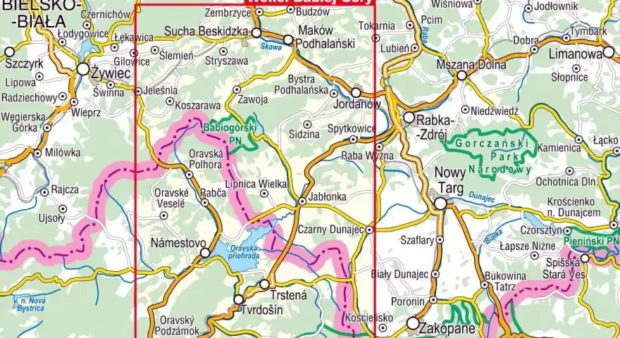 Mapa szlaków turystycznych wokół Babiej Góry, z zaznaczonymi miejscowościami i parkami narodowymi.