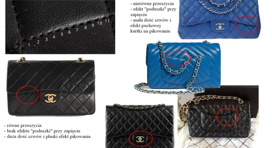 Porównanie oryginalnych i podrabianych torebek Chanel. Detale pikowania i zapięć pokazują różnice między oryginałami a replikami coco chanel torebki.
