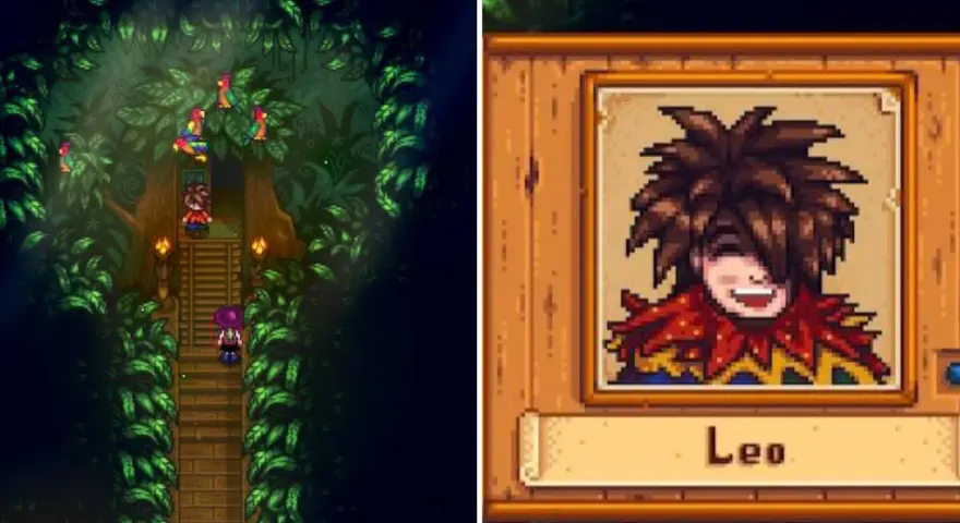 Encuentra a Leo en Stardew Valley, rodeado de loros en un árbol frondoso. A su lado, su retrato pixelado con una sonrisa traviesa.