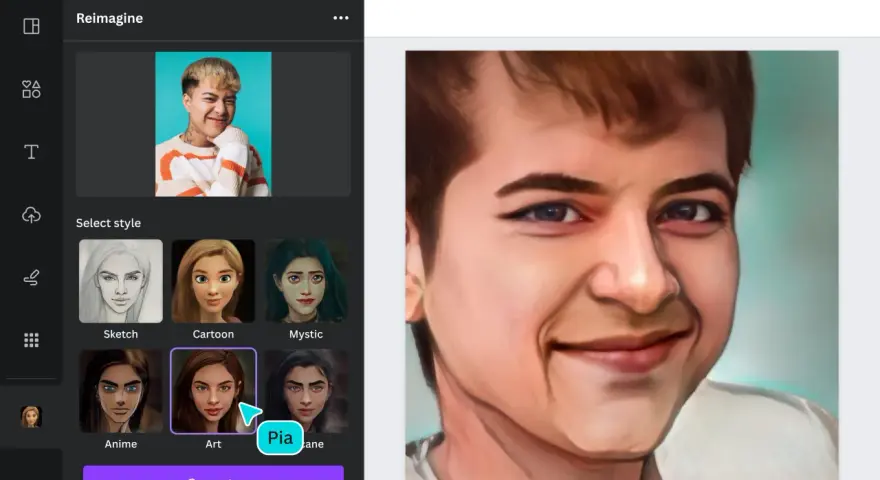 Przerabianie zdjęć AI za darmo w Canvie. Wybierz styl "Art" dla portretu.