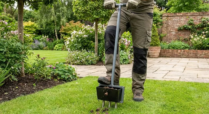 Gartenarbeit nach dem Winter: Ein Mann belüftet den Rasen mit einem speziellen Werkzeug, um ihn für die neue Saison vorzubereiten.