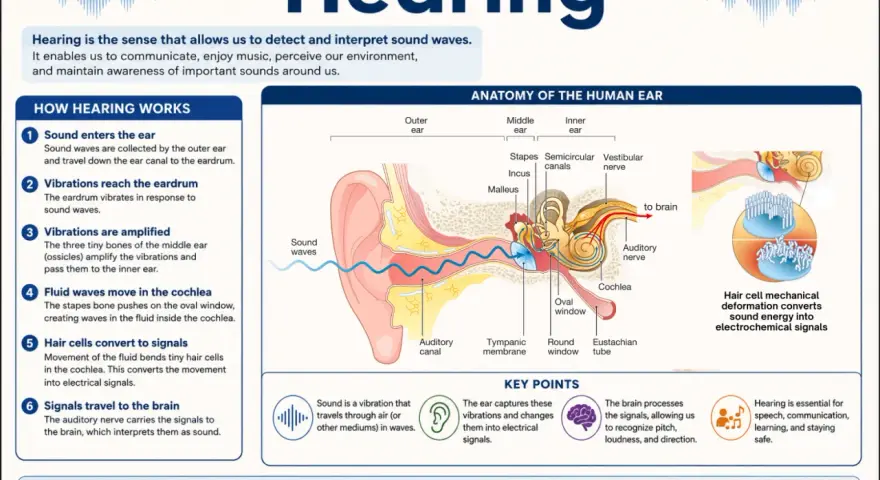 Le son est une vibration qui voyage dans l'air. L'image explique qu'est ce que le son et comment l'oreille le capte et le transmet au cerveau.