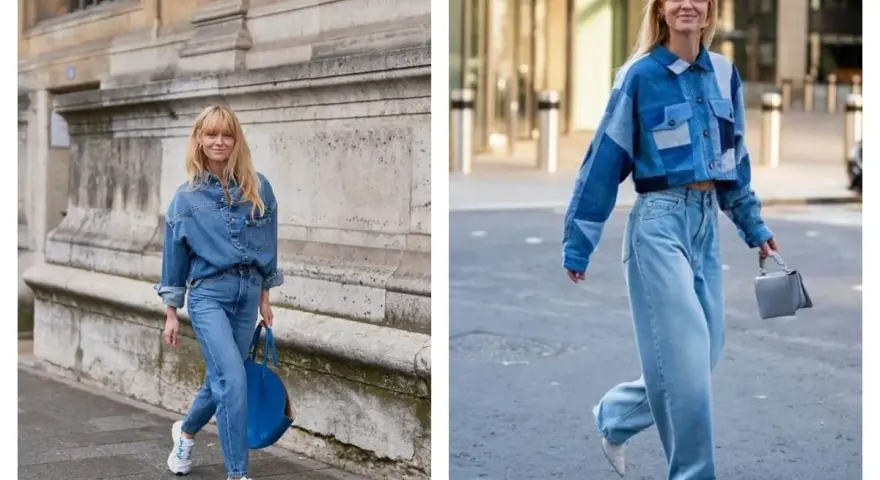 Deux femmes adoptent un look total denim, rappelant le style années 80. L'une porte une chemise oversize et un jean, l'autre une veste courte patchwork et un jean large.