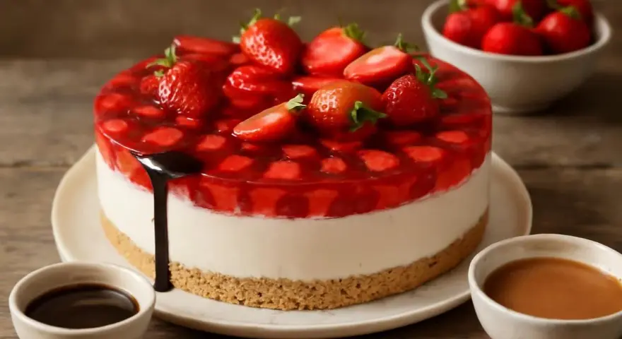 Deliciosa tarta de fresa con cobertura de gelatina y fresas frescas. Un postre perfecto para cualquier ocasión.