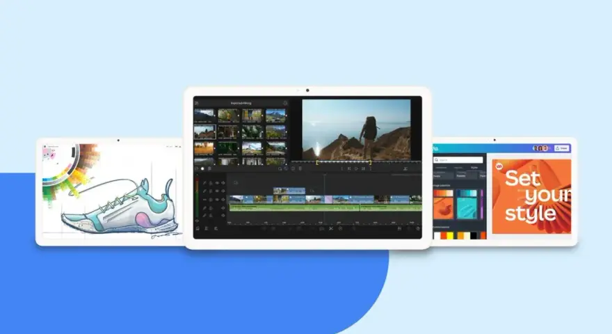 Drei Tablets zeigen Apps für Design, Videobearbeitung und Grafikgestaltung.