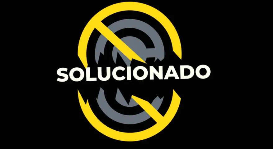 Logo "SOLUCIONADO" con un símbolo de prohibido amarillo sobre un fondo negro. ¡Tu problema de encontrar música para descargar sin copyright está resuelto!