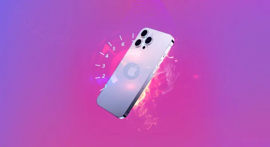 En iPhone 12 som inte laddar, med en hastighetsmätare och eld-effekter som symboliserar problemet.