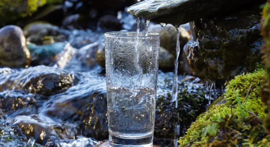 Ein Glas wird unter einem kleinen Wasserfall gefüllt. Die Frage, ob man quellwasser trinken kann, wird hier visuell beantwortet.