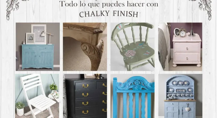 Muebles renovados con chalk paint: cómoda azul, silla decorada, mesita de noche rosa, cómoda negra, cabecero azul y aparador.