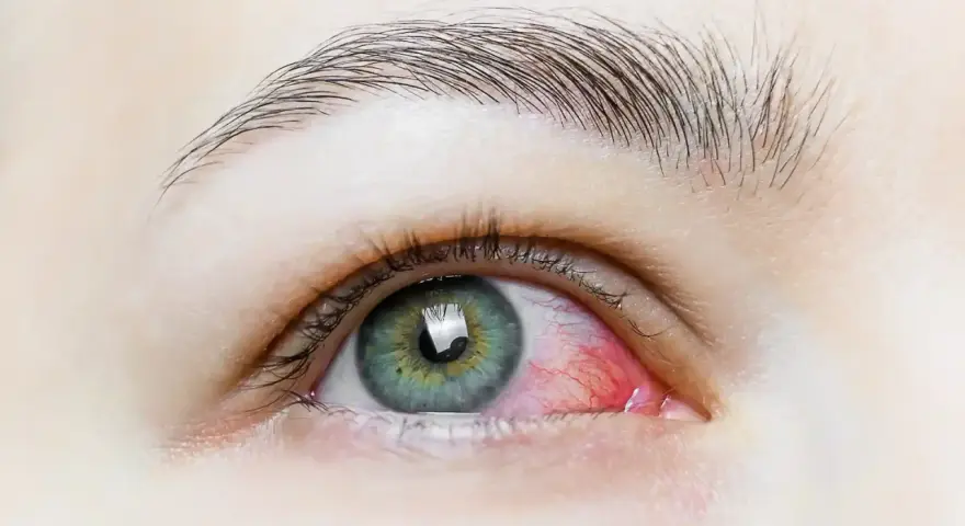 Occhio rosso e irritato, con evidente infiammazione. Possibili sintomi di infezione oculare.