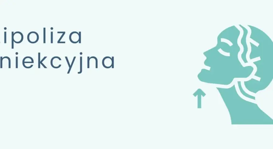 Grafika przedstawia profil twarzy z zaznaczonym podbródkiem i strzałką skierowaną ku górze, symbolizującą zabieg. Tekst: "Lipoliza iniekcyjna zalecenia po zabiegu".