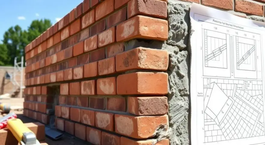 Construction d'un mur en briques rouges, montrant différents types de pierres de construction et un plan détaillé.