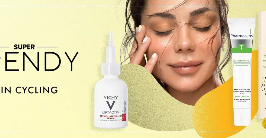 Super trendy skin cycling: modelka z zamkniętymi oczami, kosmetyki z retinolem od Vichy, Pharmaceris i Resibo.