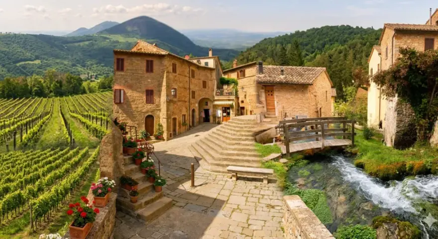 Monticchiello: cosa vedere? Un borgo toscano con vigneti, case in pietra, un ruscello e un ponte di legno.