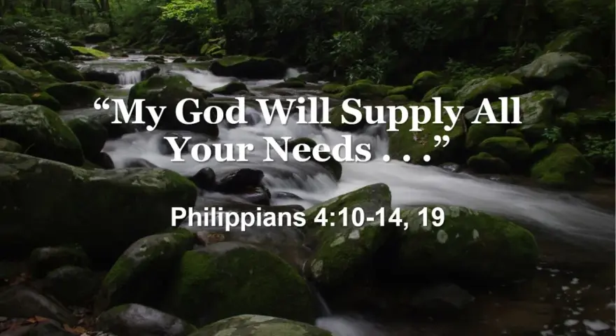 A serene forest stream flows over mossy rocks, with the comforting words "My God Will Supply All Your Needs" overlayed, reminding us of His provision.