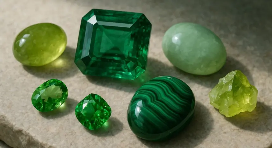 A collection of green gemstones, including a large emerald, showcasing the emerald meaning spiritual connection and growth.