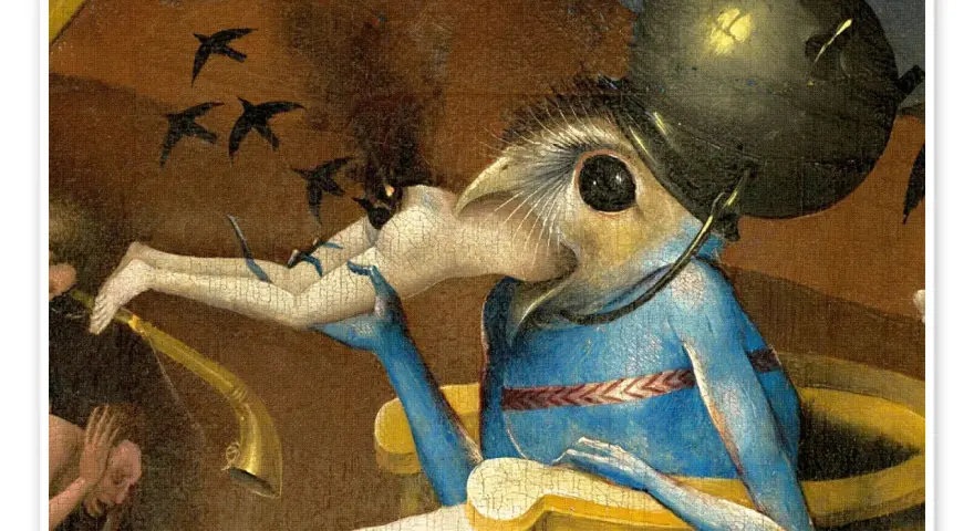 Créature à tête d'oiseau, bleue, dévorant un enfant dans le jardin des délices. Des oiseaux noirs volent au-dessus.