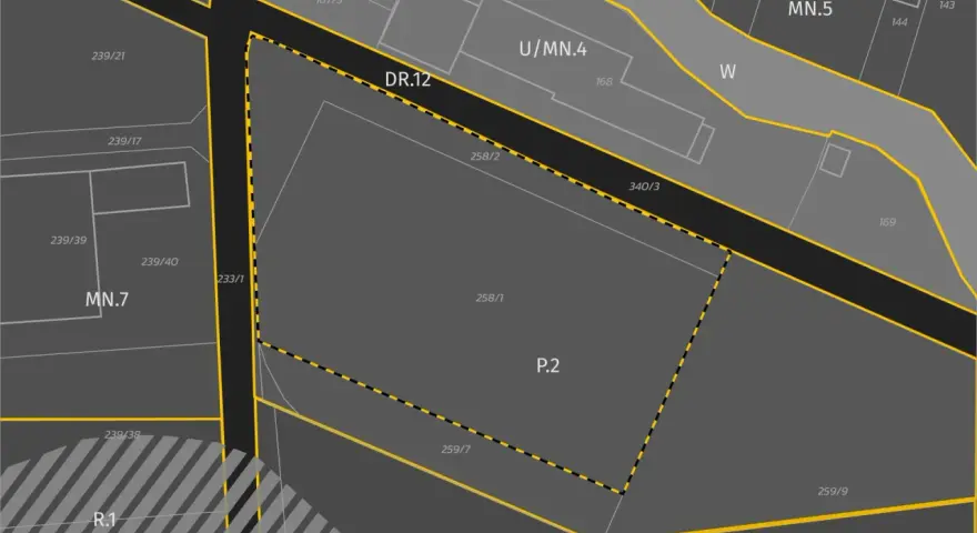 Mapa ewidencyjna z oznaczeniem użytku b, działki P.2, DR.12, MN.5, MN.6, MN.7, U/MN.4, R.1, R.2.