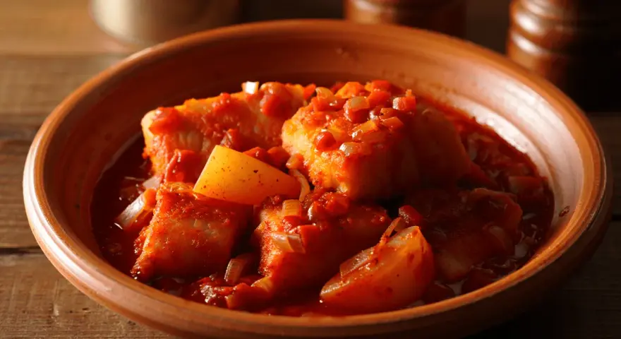 Bacalao a la vizcaina en cazuela de barro, con trozos de pimiento y cebolla en una salsa roja.