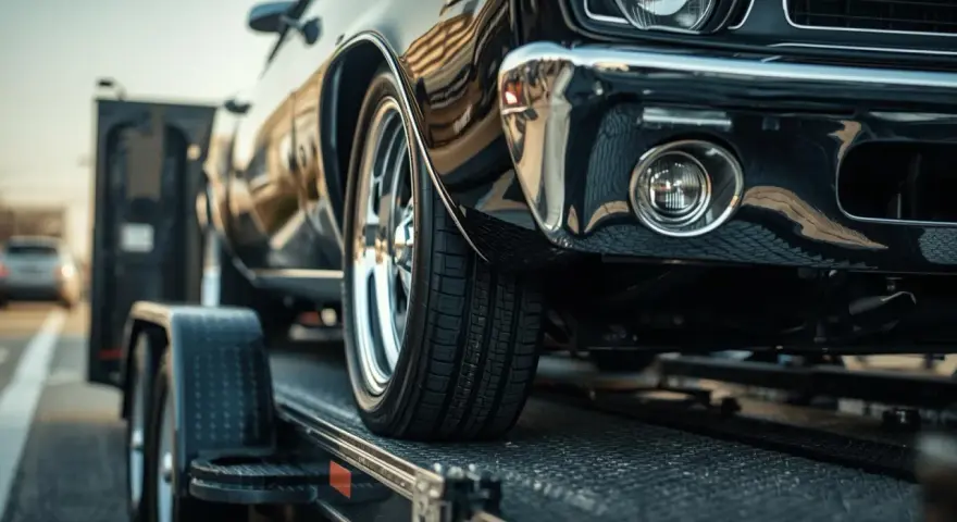 Czarne auto na lawecie, widoczna przednia część i koło.