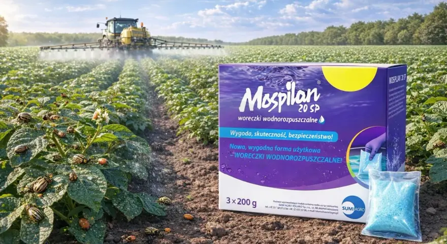Pole ziemniaków opanowane przez stonkę. Traktor opryskuje plantację, a obok pudełko Mospilan 20 SP, który chroni przed szkodnikami.