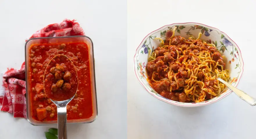 Chitarra alla teramana con polpettine in sugo rosso, un piatto ricco e saporito.