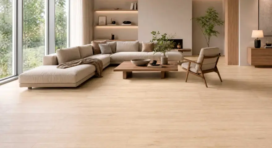 Suelos de madera clara, ideales para casas modernas, crean un ambiente cálido y luminoso en este salón minimalista.