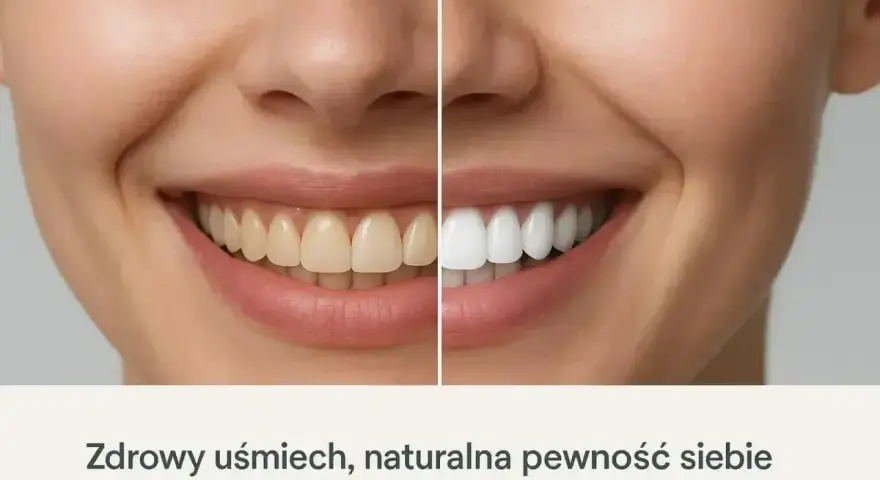 Przed i po: żółte zęby stają się białe. Efekt stabilizacji koloru po wybielaniu zębów dla olśniewającego uśmiechu.
