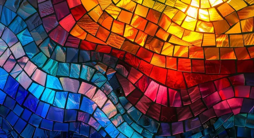 Buntes Mosaik aus Glassteinen, das an einen Regenbogen erinnert. Die Farbenvielfalt symbolisiert Hoffnung und Neuanfang, die Regenbogen Bedeutung.