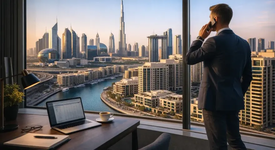 Biznesmen rozmawia przez telefon, patrząc na panoramę Dubaju. Na biurku laptop, kawa i notatnik. To symbol nowoczesnej pracy w Dubaju.