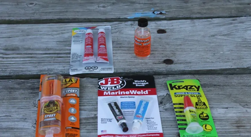 Various glues and epoxies, including Gorilla Epoxy and Krazy Glue, are displayed, suggesting a search for the best super glue for PLA projects.