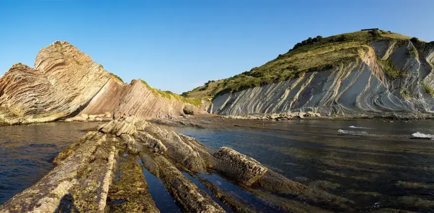 The flysch de Zumaia showcases dramatic, layered rock formations meeting the sea under a clear blue sky.